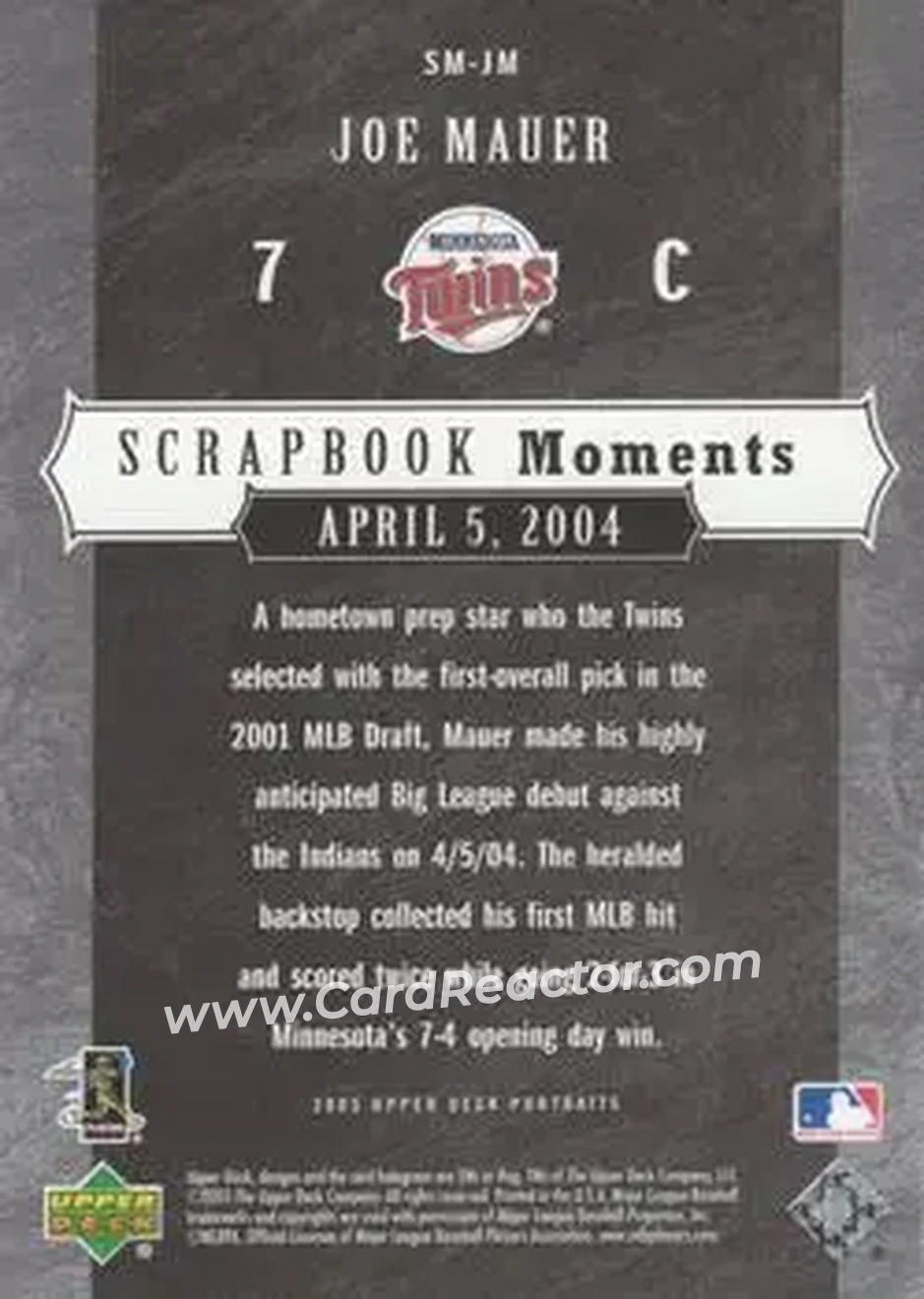 2005 Upper Deck Portraits - Scrapbook Moments #SM-JM - Joe Mauer - Minnesota Twins - Back