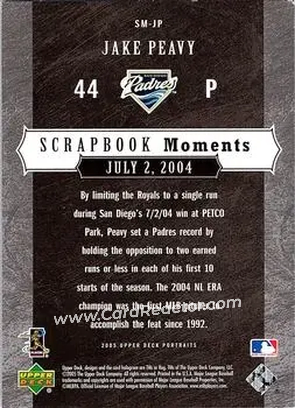 2005 Upper Deck Portraits - Scrapbook Moments #SM-JP - Jake Peavy - San Diego Padres - Back 2005 Upper Deck Portraits - Scrapbook Moments #SM-JP - Jake Peavy - San Diego Padres - Back