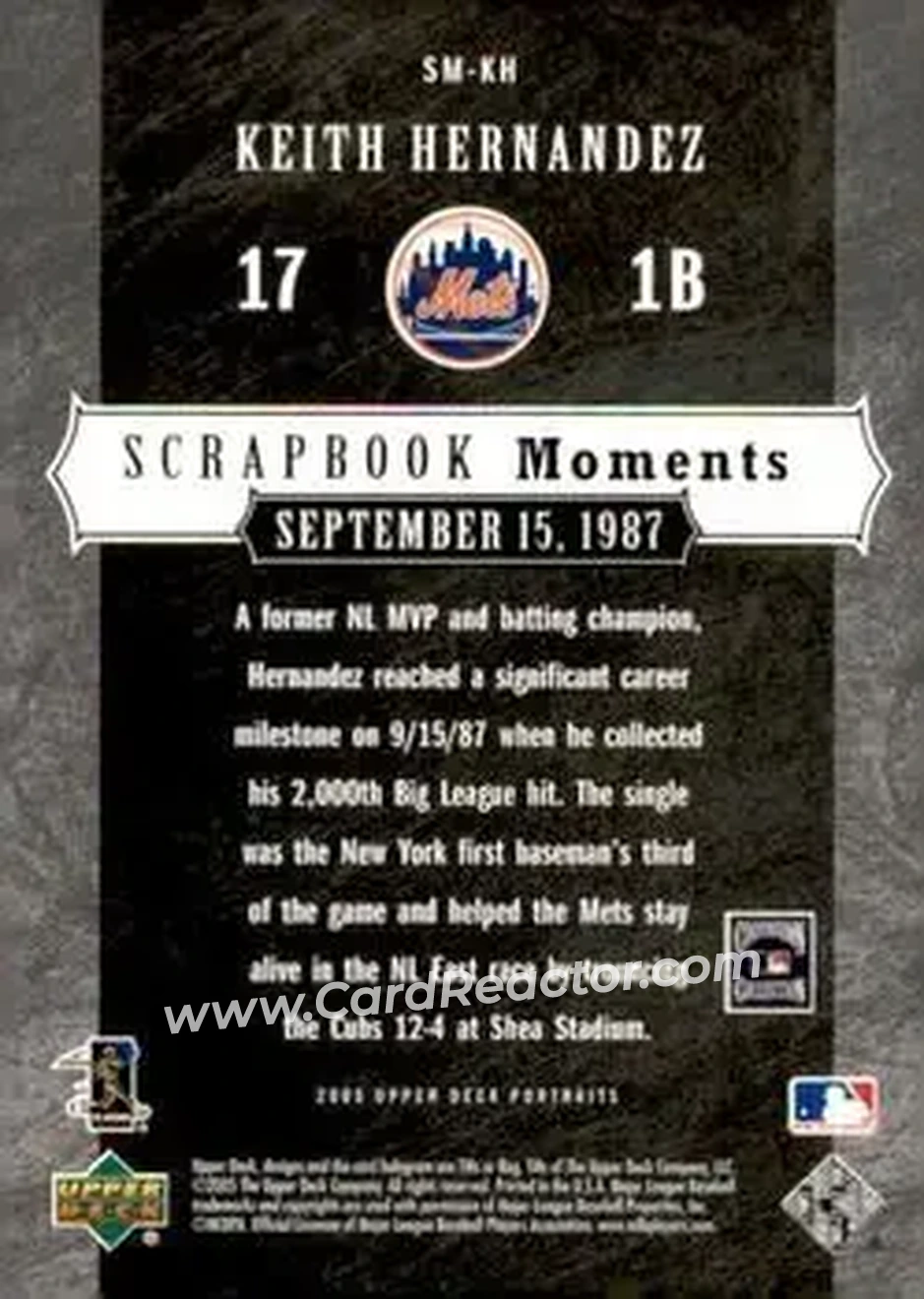 2005 Upper Deck Portraits - Scrapbook Moments #SM-KH - Keith Hernandez - New York Mets - Back