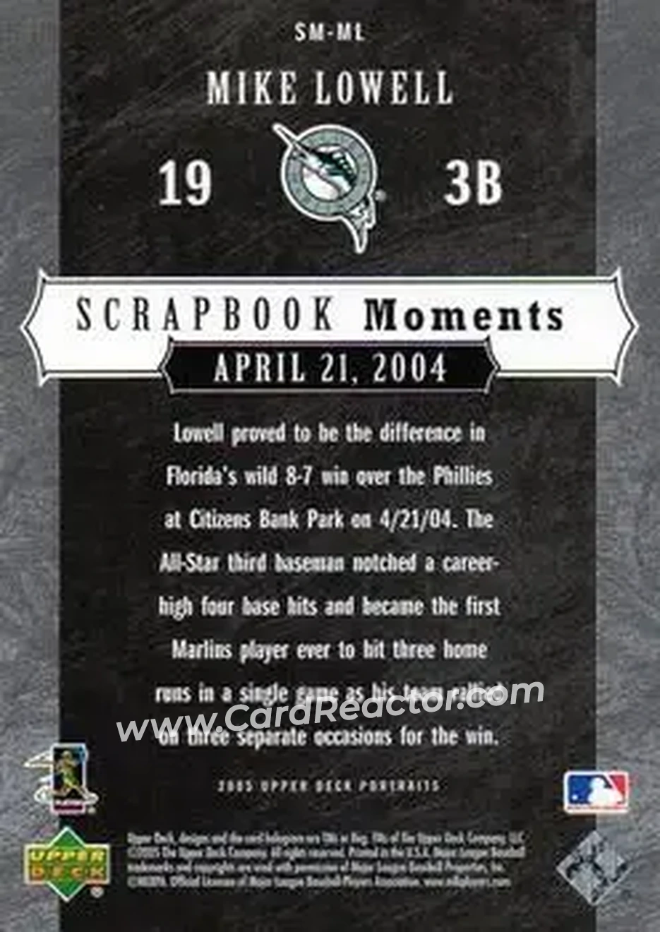 2005 Upper Deck Portraits - Scrapbook Moments #SM-ML - Mike Lowell - Florida Marlins - Back