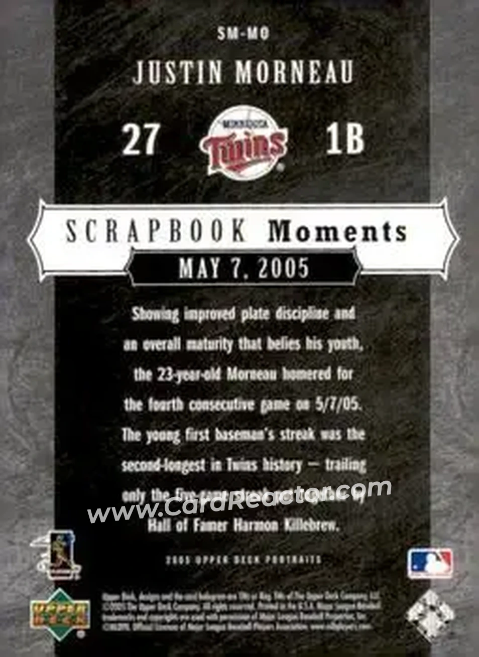 2005 Upper Deck Portraits - Scrapbook Moments #SM-MO - Justin Morneau - Minnesota Twins - Back