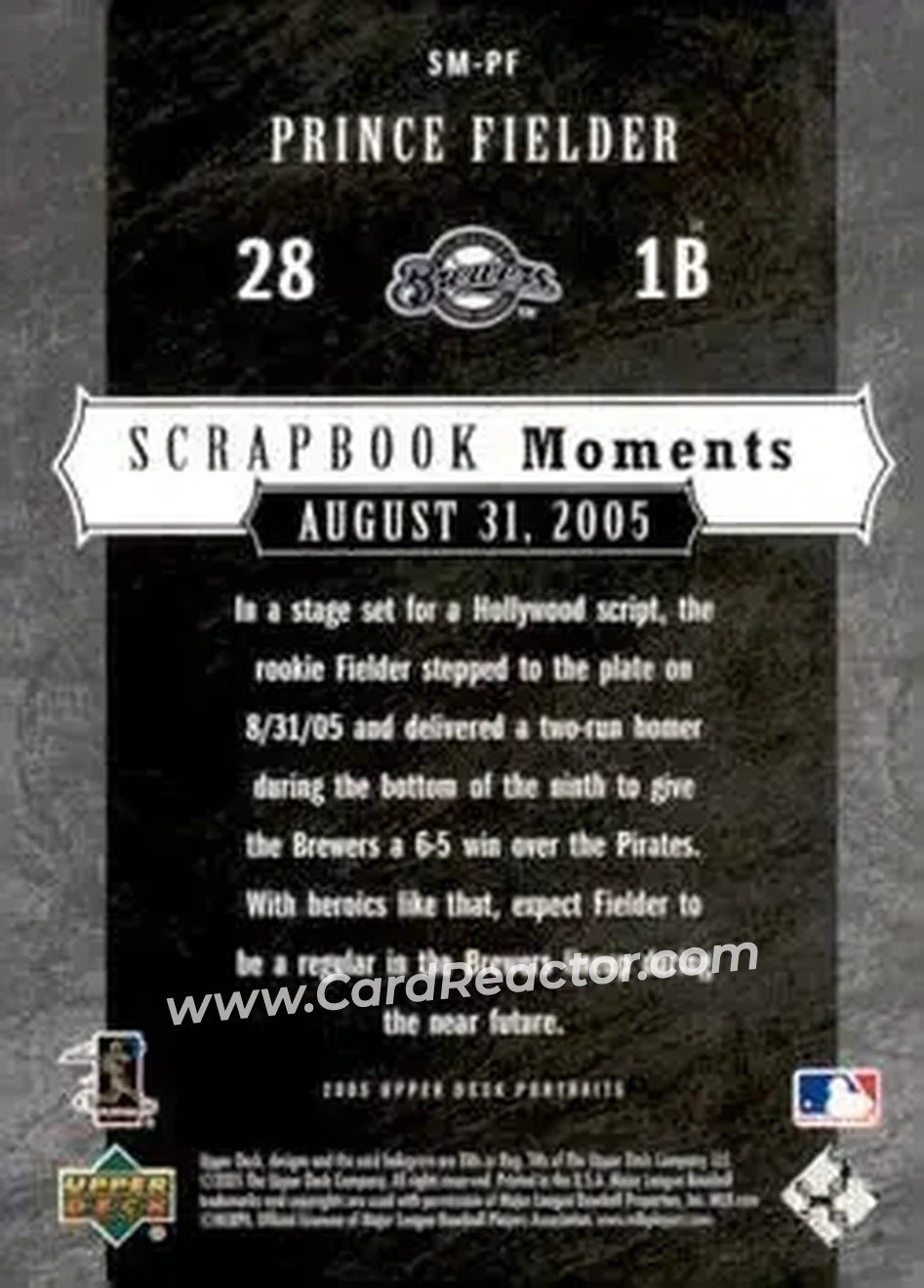 2005 Upper Deck Portraits - Scrapbook Moments #SM-PF - Prince Fielder - Milwaukee Brewers - Back