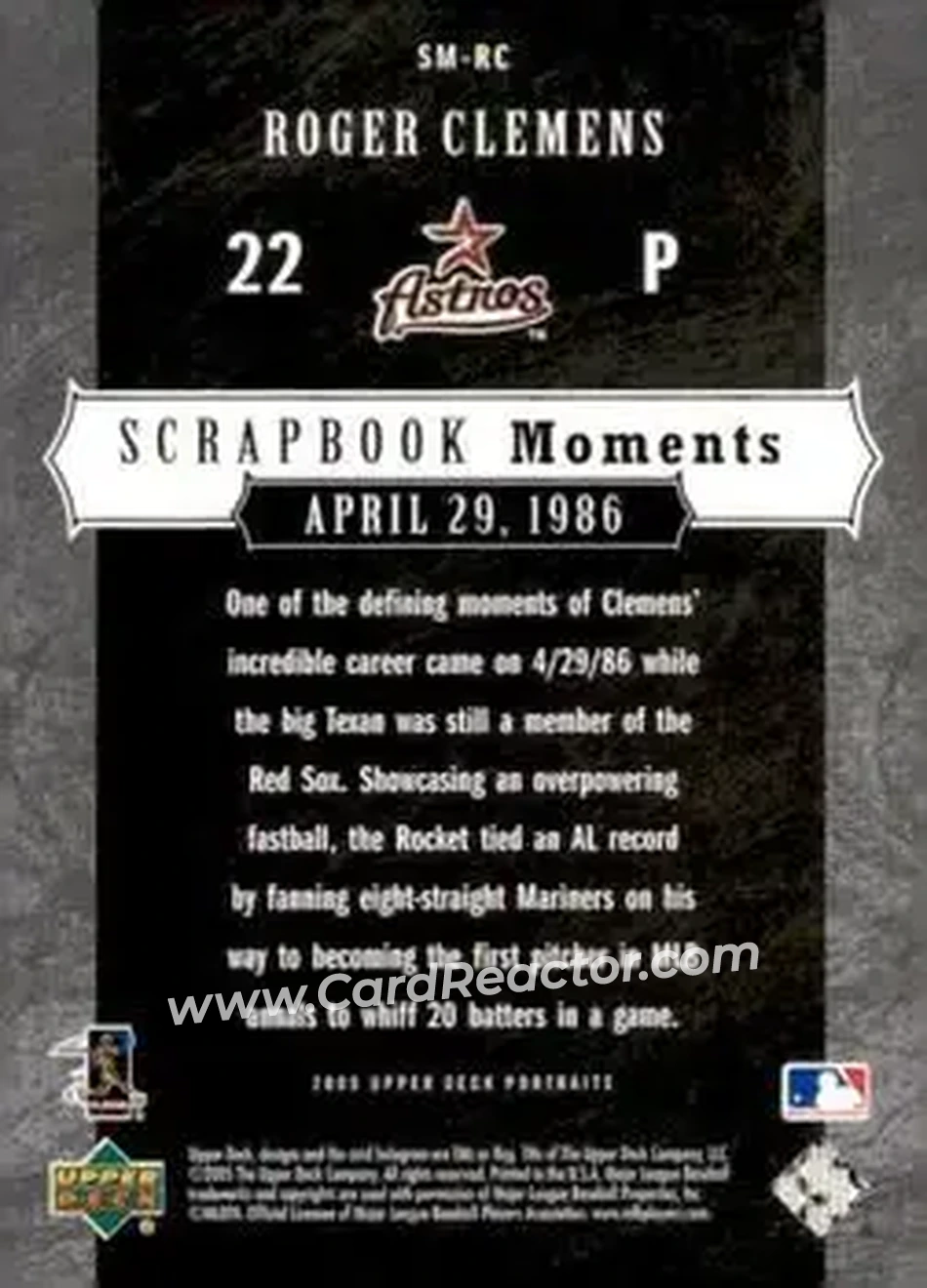 2005 Upper Deck Portraits - Scrapbook Moments #SM-RC - Roger Clemens - Houston Astros - Back 2005 Upper Deck Portraits - Scrapbook Moments #SM-RC - Roger Clemens - Houston Astros - Back