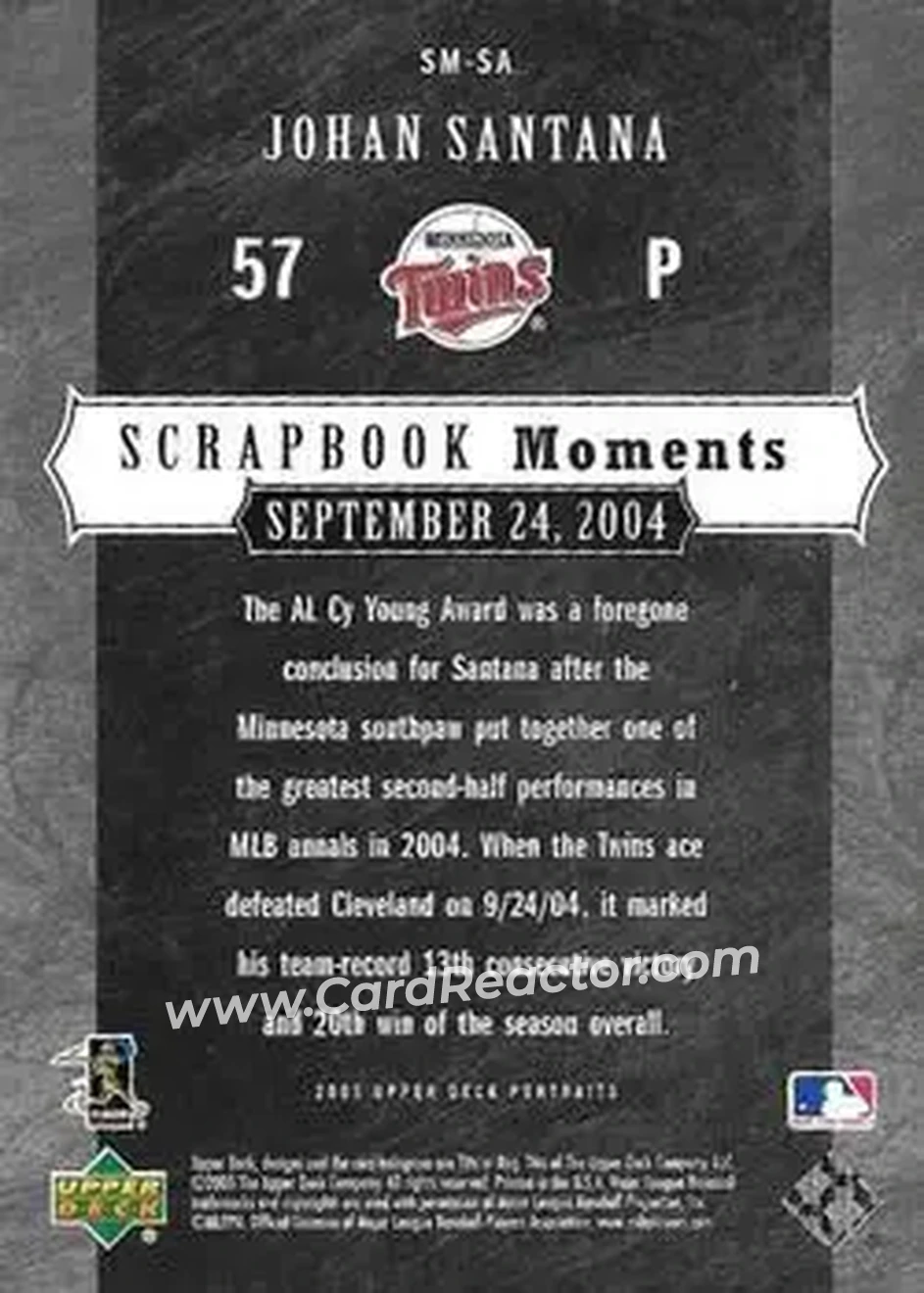 2005 Upper Deck Portraits - Scrapbook Moments #SM-SA - Johan Santana - Minnesota Twins - Back