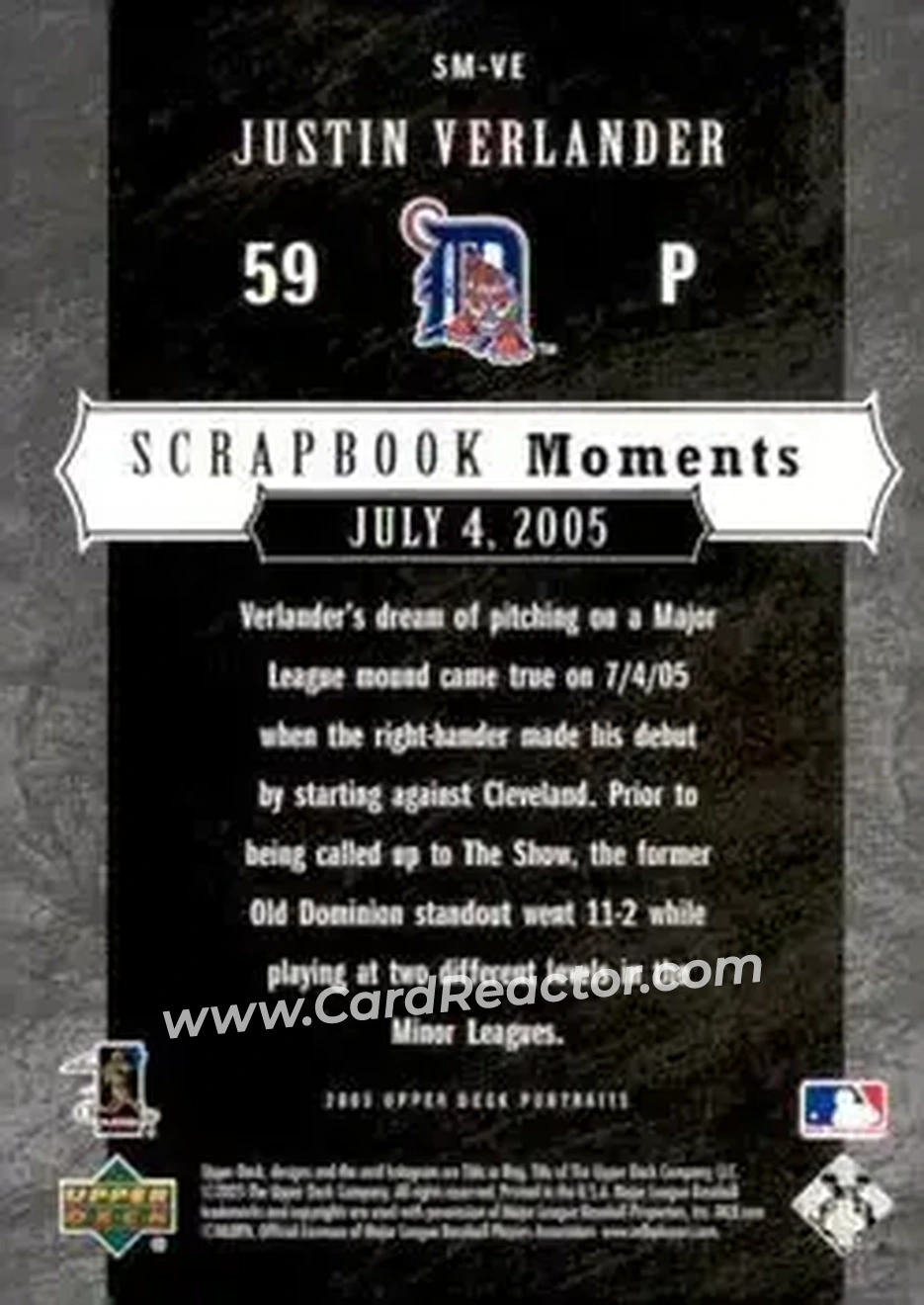 2005 Upper Deck Portraits - Scrapbook Moments #SM-VE - Justin Verlander - Detroit Tigers - Back