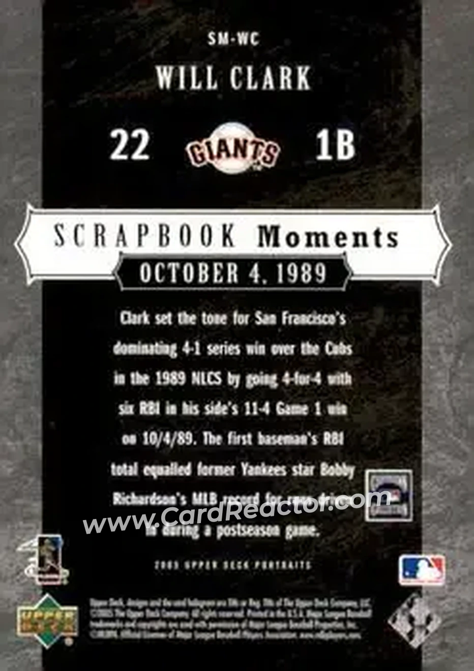 2005 Upper Deck Portraits - Scrapbook Moments #SM-WC - Will Clark - San Francisco Giants - Back