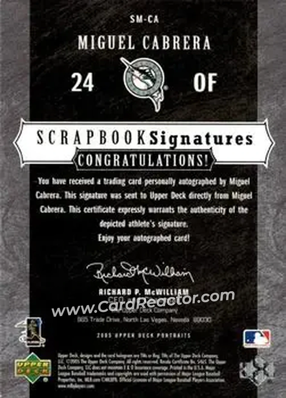 2005 Upper Deck Portraits - Scrapbook Signatures #SM-CA - Miguel Cabrera - Florida Marlins - Back
