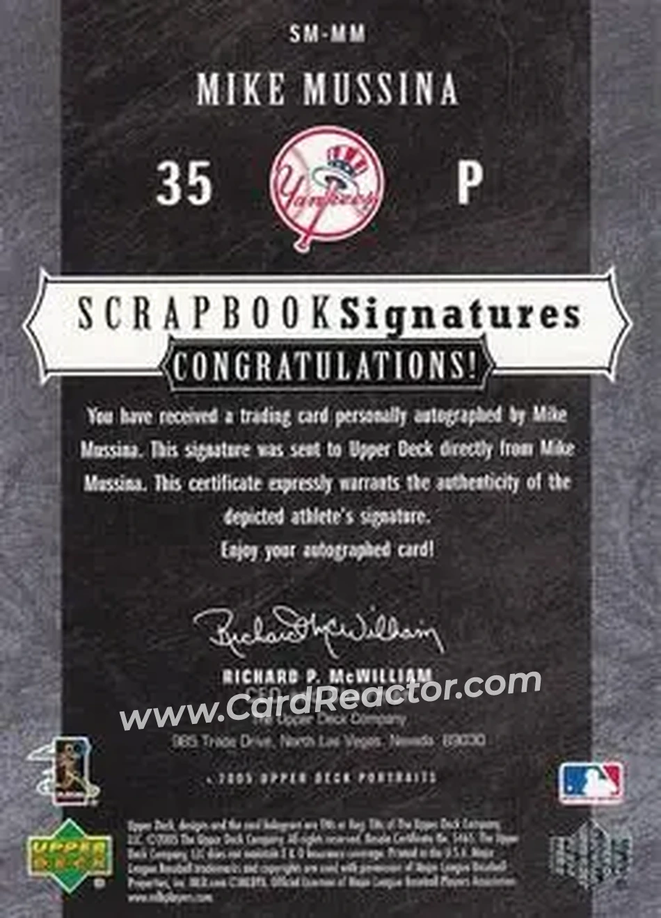 2005 Upper Deck Portraits - Scrapbook Signatures #SM-MM - Mike Mussina - New York Yankees - Back 2005 Upper Deck Portraits - Scrapbook Signatures #SM-MM - Mike Mussina - New York Yankees - Back