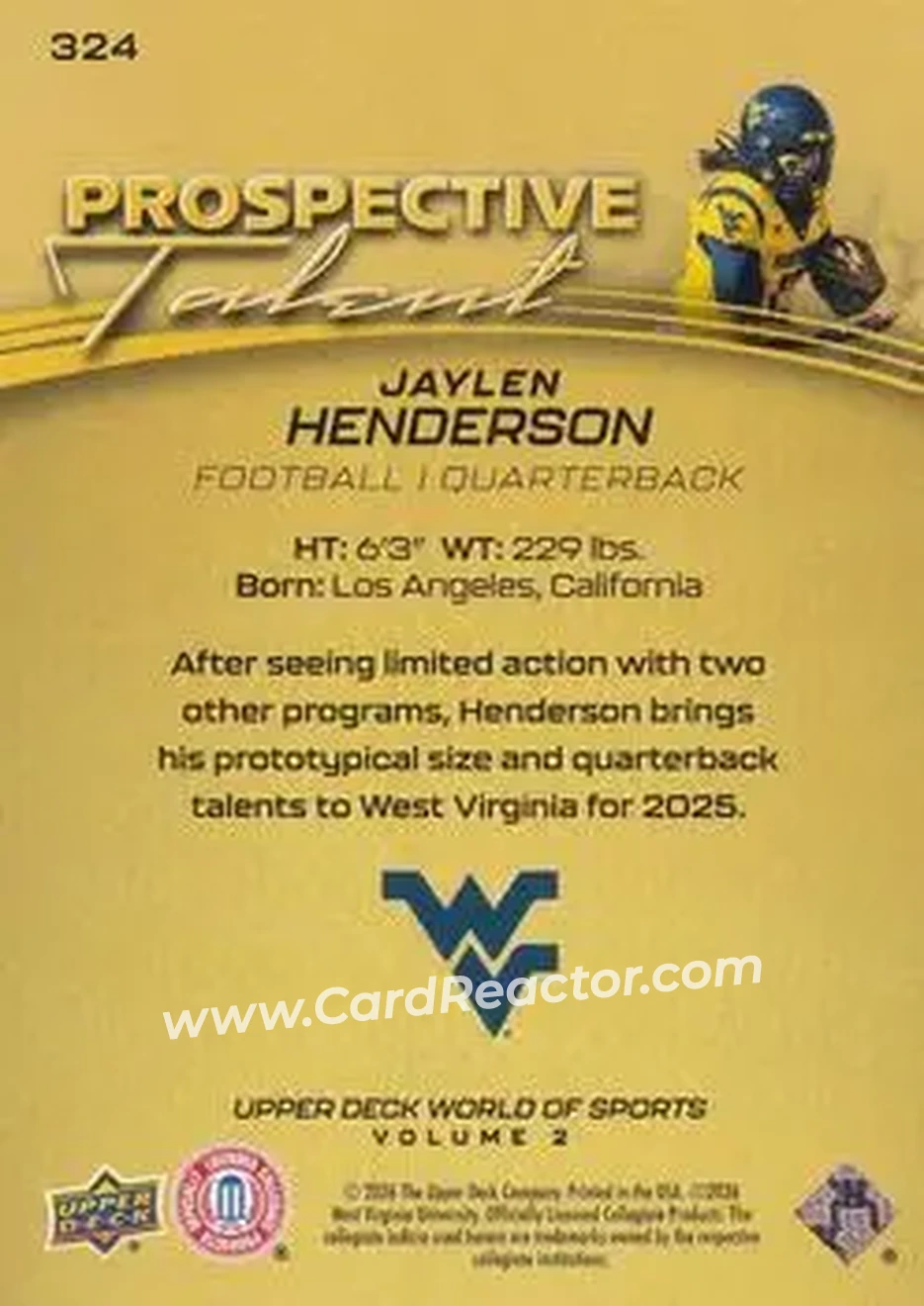 2026 Upper Deck World of Sports Volume II #324 - Jaylen Henderson - West Virginia Mountaineers - Back