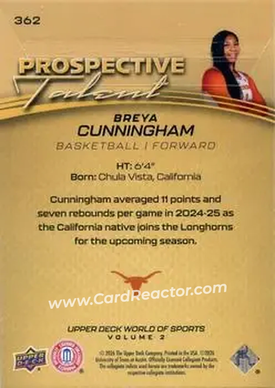 2026 Upper Deck World of Sports Volume II #362 - Breya Cunningham - Texas Longhorns - Back