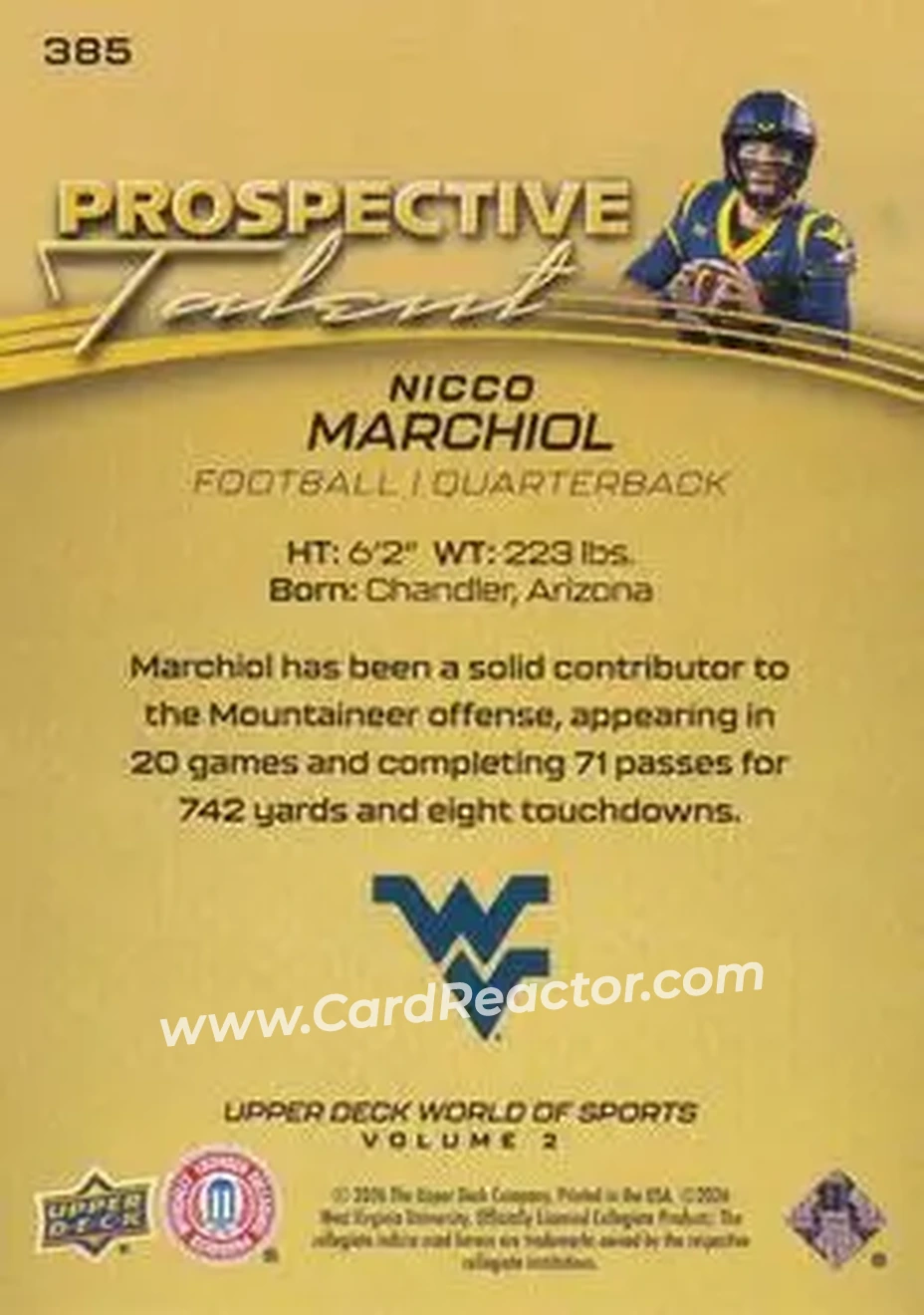 2026 Upper Deck World of Sports Volume II #385 - Nicco Marchiol - West Virginia Mountaineers - Back