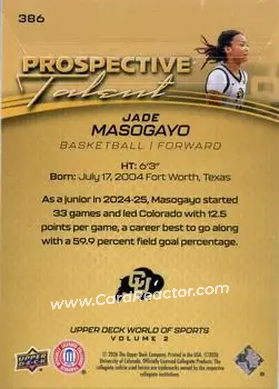 2026 Upper Deck World of Sports Volume II #386 - Jade Masogayo - Colorado Buffaloes - Back
