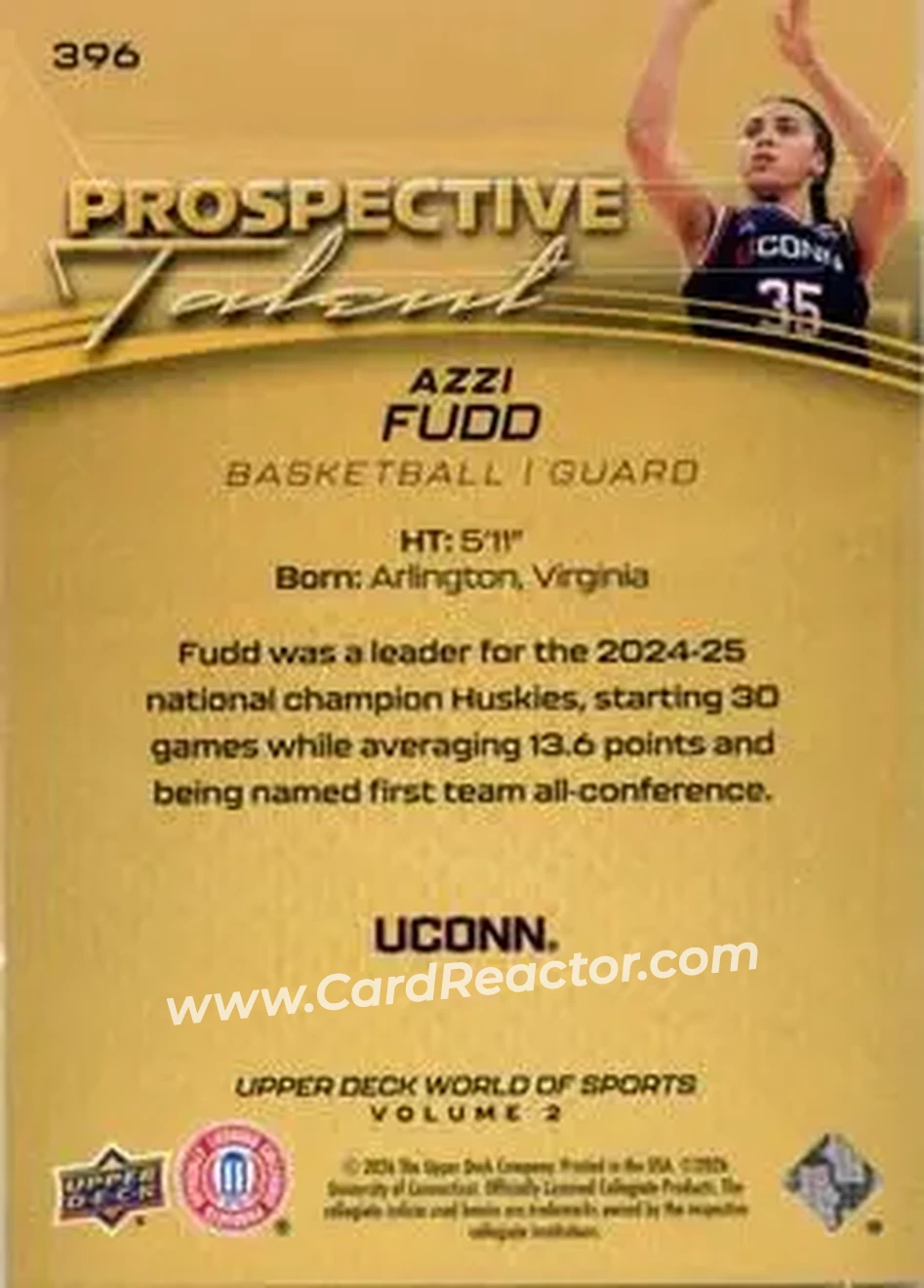 2026 Upper Deck World of Sports Volume II #396 - Azzi Fudd - Connecticut Huskies - Back