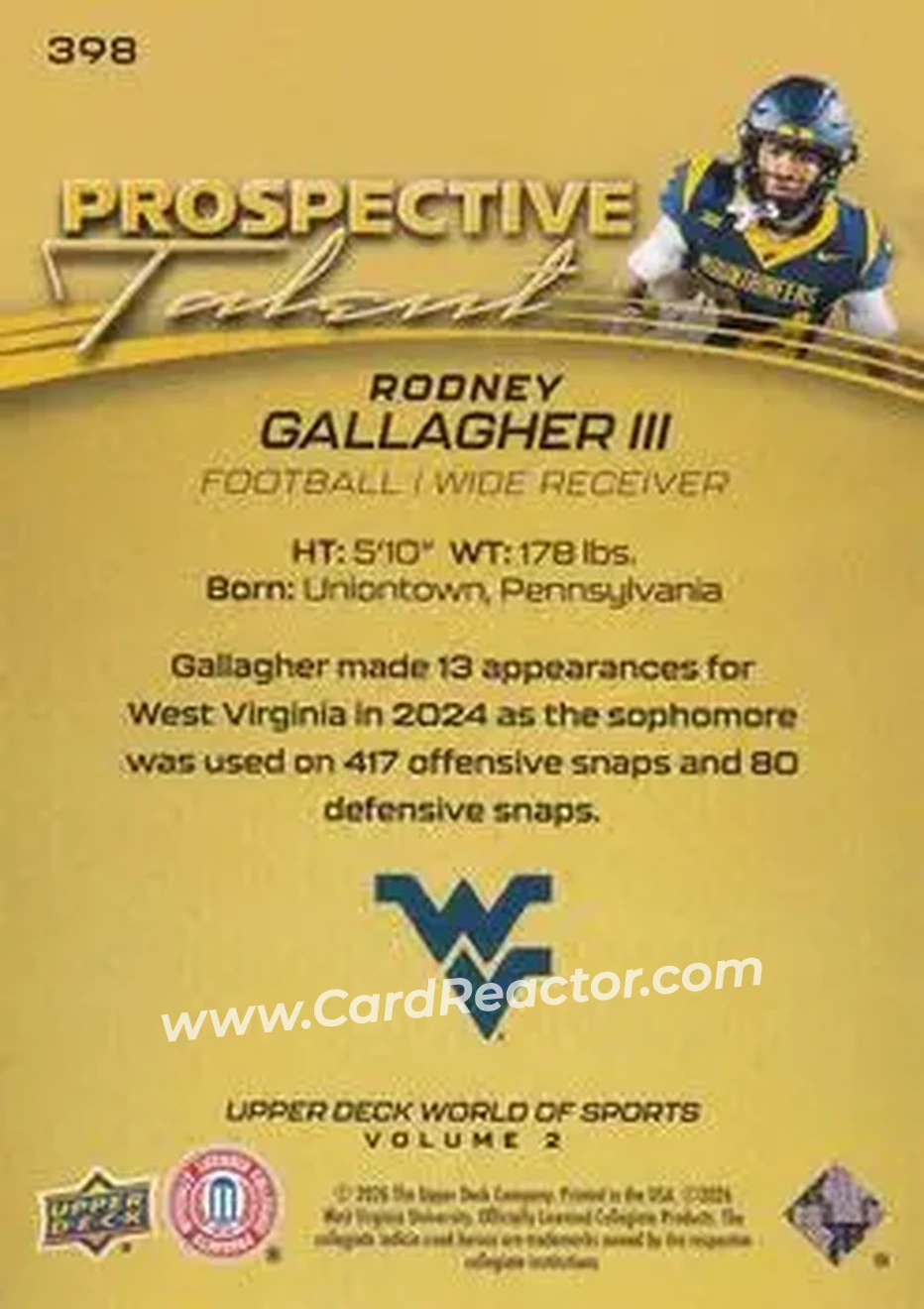 2026 Upper Deck World of Sports Volume II #398 - Rodney Gallagher III - West Virginia Mountaineers - Back