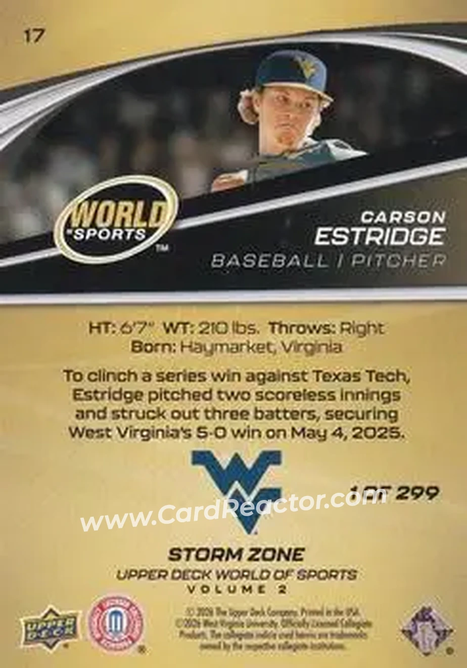 2026 Upper Deck World of Sports Volume II - Storm Zone Foilboard #17 - Carson Estridge - West Virginia Mountaineers - Back