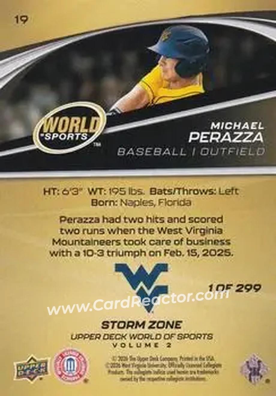 2026 Upper Deck World of Sports Volume II - Storm Zone Foilboard #19 - Michael Perazza - West Virginia Mountaineers - Back