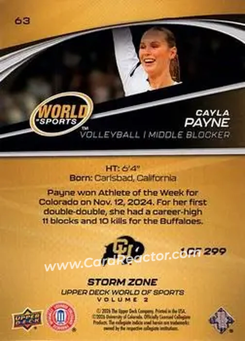 2026 Upper Deck World of Sports Volume II - Storm Zone Foilboard #63 - Cayla Payne - Colorado Buffaloes - Back