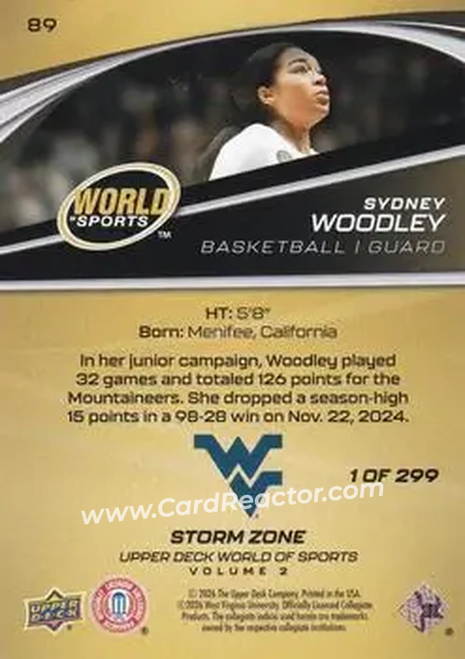 2026 Upper Deck World of Sports Volume II - Storm Zone Foilboard #89 - Sydney Woodley - West Virginia Mountaineers - Back 2026 Upper Deck World of Sports Volume II - Storm Zone Foilboard #89 - Sydney Woodley - West Virginia Mountaineers - Back