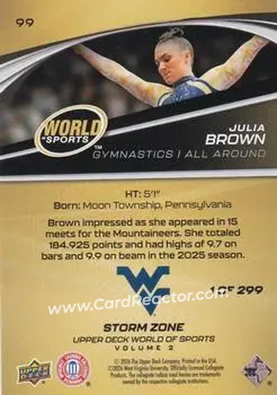 2026 Upper Deck World of Sports Volume II - Storm Zone Foilboard #99 - Julia Brown - West Virginia Mountaineers - Back