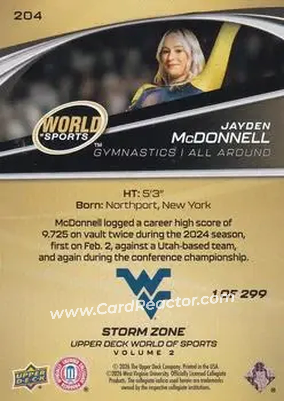 2026 Upper Deck World of Sports Volume II - Storm Zone Foilboard #204 - Jayden McDonnell - West Virginia Mountaineers - Back
