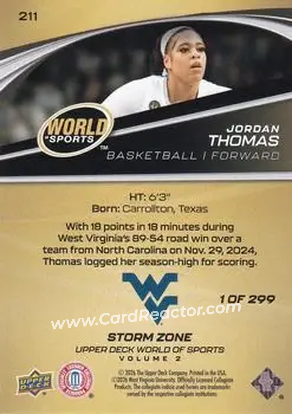 2026 Upper Deck World of Sports Volume II - Storm Zone Foilboard #211 - Jordan Thomas - West Virginia Mountaineers - Back
