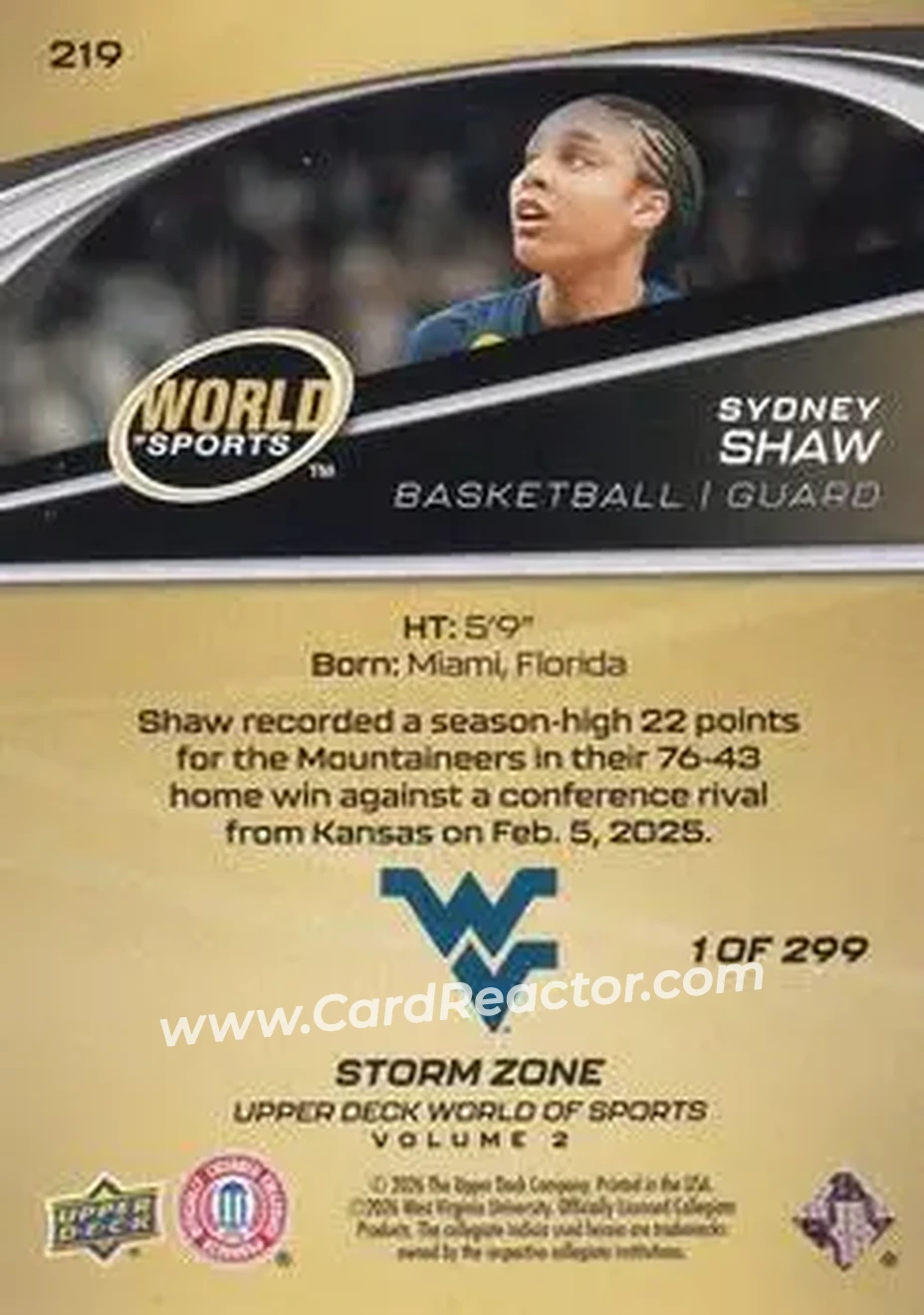 2026 Upper Deck World of Sports Volume II - Storm Zone Foilboard #219 - Sydney Shaw - West Virginia Mountaineers - Back