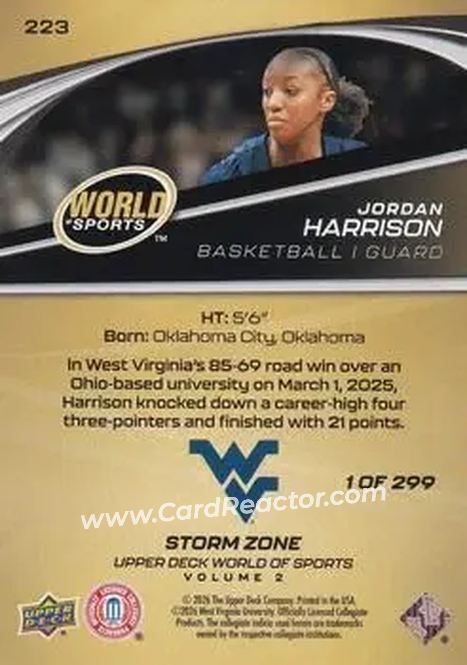 2026 Upper Deck World of Sports Volume II - Storm Zone Foilboard #223 - Jordan Harrison - West Virginia Mountaineers - Back