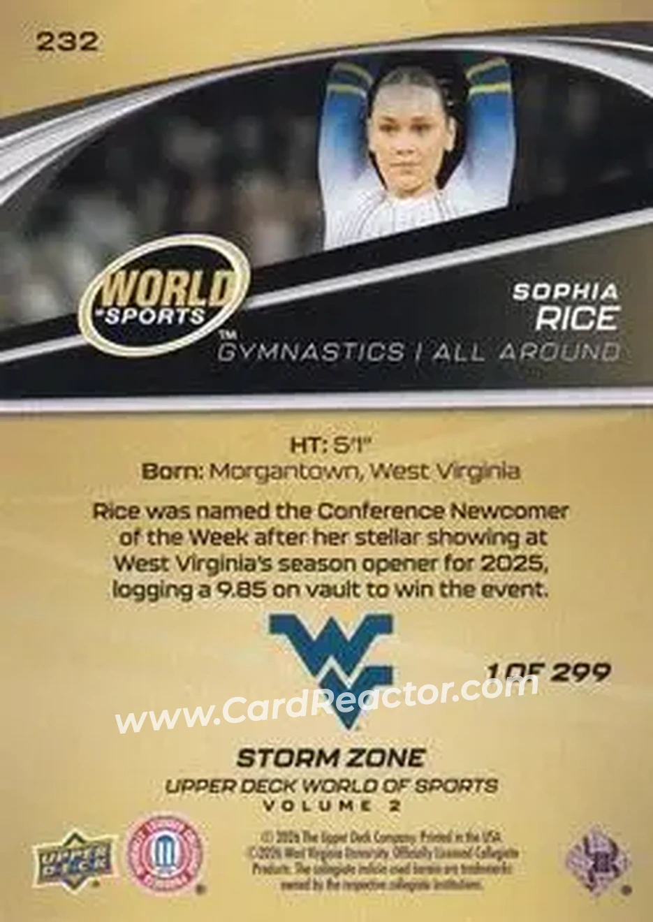 2026 Upper Deck World of Sports Volume II - Storm Zone Foilboard #232 - Sophia Rice - West Virginia Mountaineers - Back