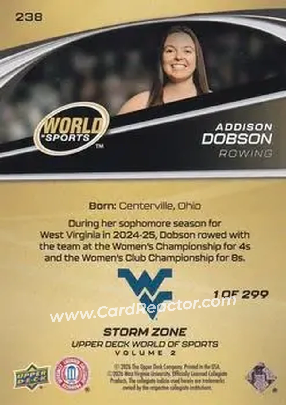2026 Upper Deck World of Sports Volume II - Storm Zone Foilboard #238 - Addison Dobson - West Virginia Mountaineers - Back