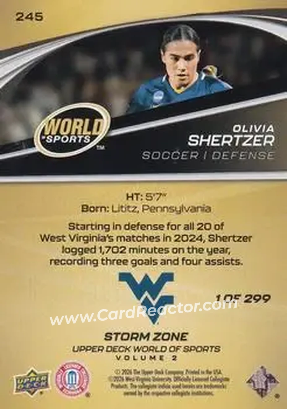 2026 Upper Deck World of Sports Volume II - Storm Zone Foilboard #245 - Olivia Shertzer - West Virginia Mountaineers - Back