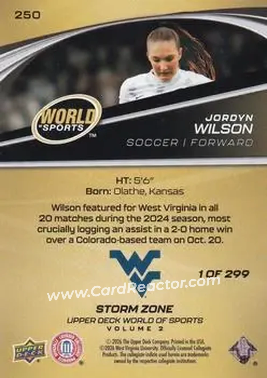 2026 Upper Deck World of Sports Volume II - Storm Zone Foilboard #250 - Jordyn Wilson - West Virginia Mountaineers - Back