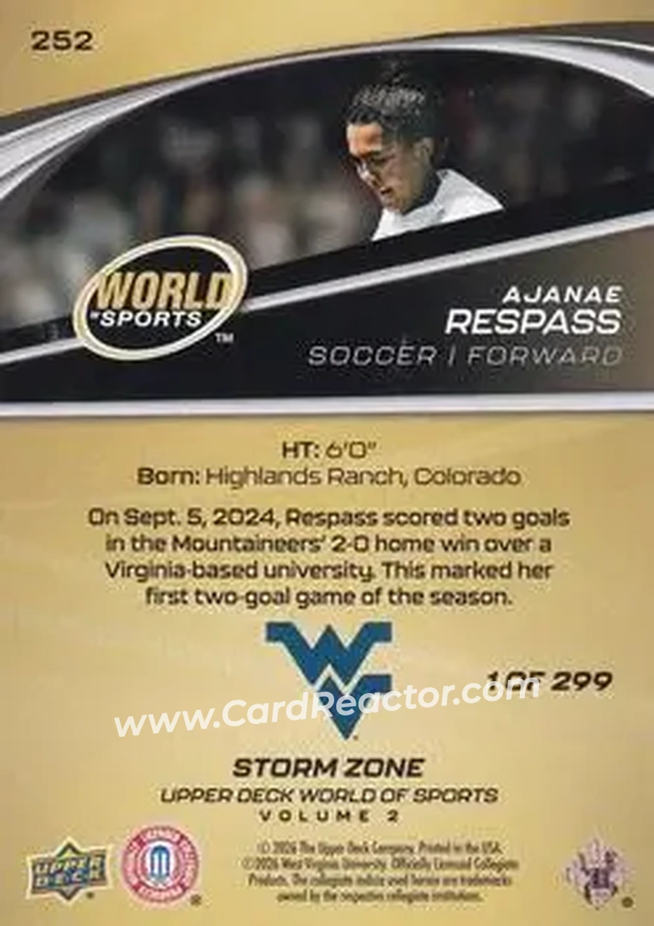 2026 Upper Deck World of Sports Volume II - Storm Zone Foilboard #252 - Ajanae Respass - West Virginia Mountaineers - Back 2026 Upper Deck World of Sports Volume II - Storm Zone Foilboard #252 - Ajanae Respass - West Virginia Mountaineers - Back