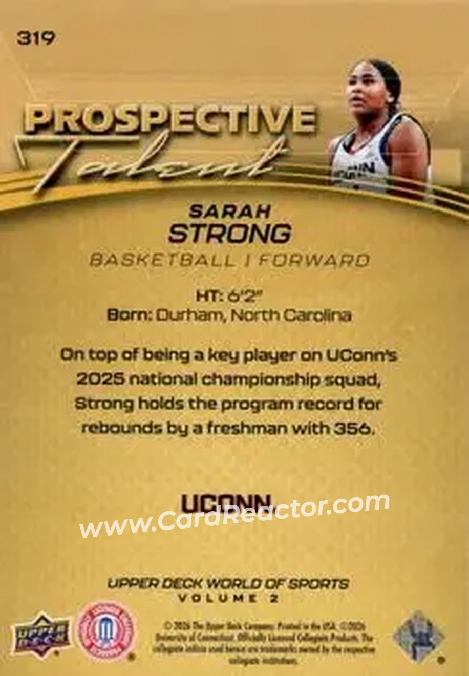 2026 Upper Deck World of Sports Volume II - Prospective Talent Deluxe #319 - Sarah Strong - Connecticut Huskies - Back 2026 Upper Deck World of Sports Volume II - Prospective Talent Deluxe #319 - Sarah Strong - Connecticut Huskies - Back