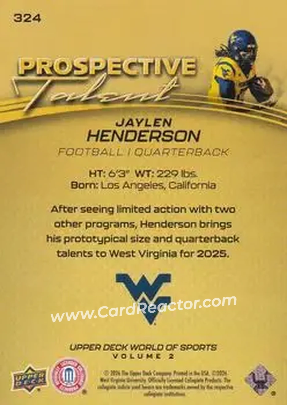 2026 Upper Deck World of Sports Volume II - Prospective Talent Deluxe #324 - Jaylen Henderson - West Virginia Mountaineers - Back 2026 Upper Deck World of Sports Volume II - Prospective Talent Deluxe #324 - Jaylen Henderson - West Virginia Mountaineers - Back