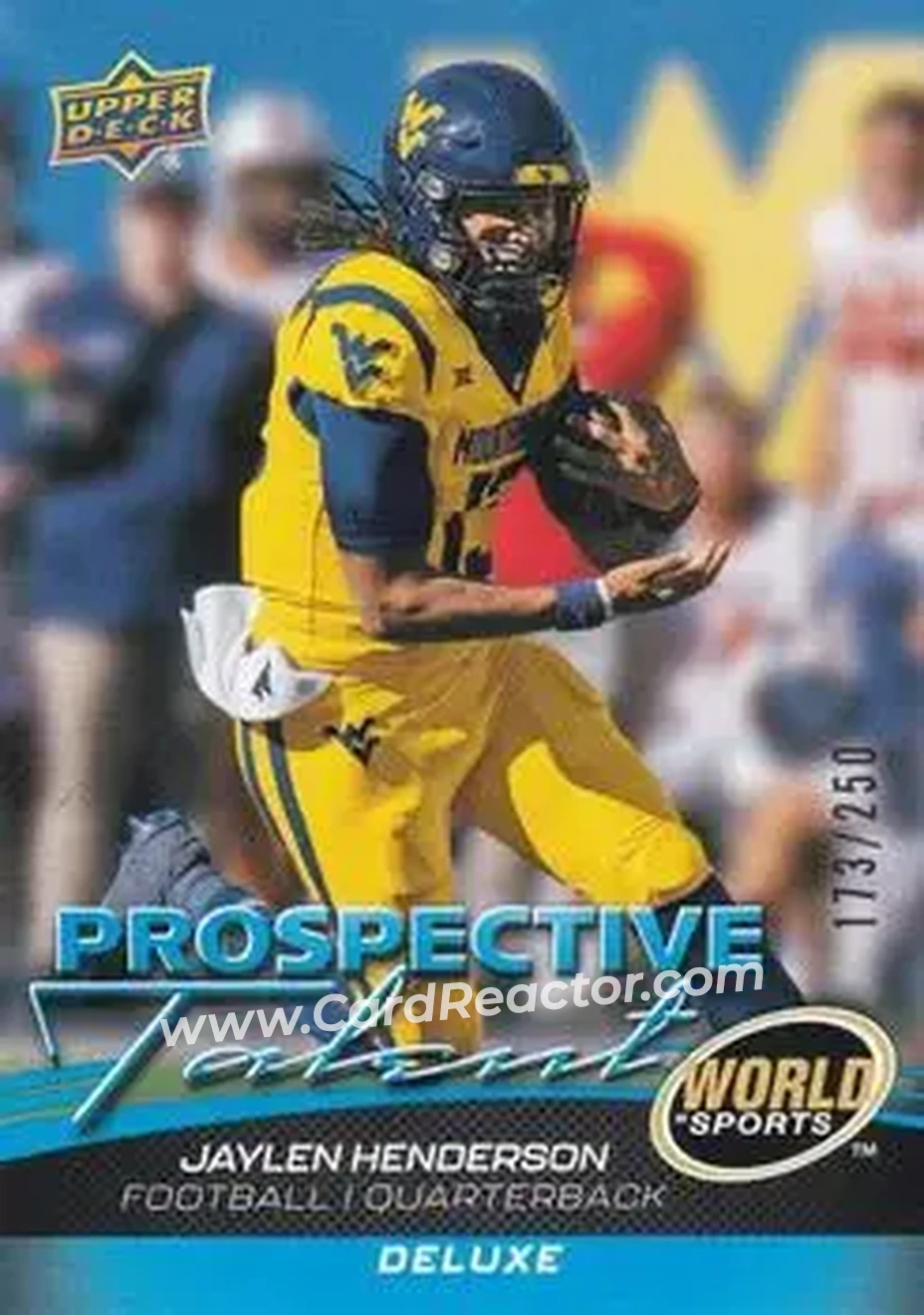 2026 Upper Deck World of Sports Volume II - Prospective Talent Deluxe #324 - Jaylen Henderson - West Virginia Mountaineers - Front 2026 Upper Deck World of Sports Volume II - Prospective Talent Deluxe #324 - Jaylen Henderson - West Virginia Mountaineers - Front