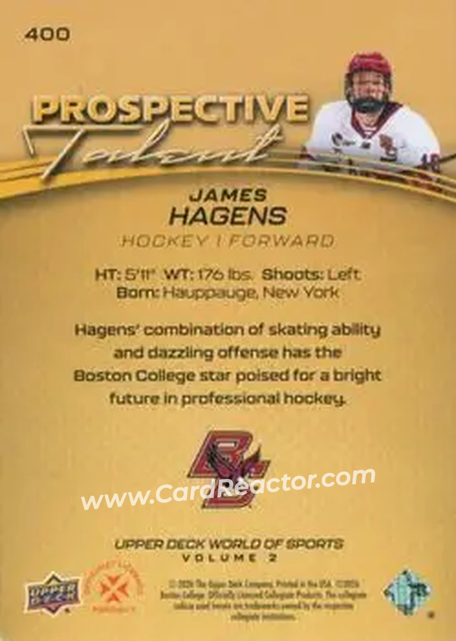 2026 Upper Deck World of Sports Volume II - Prospective Talent Deluxe #400 - James Hagens - Boston College Eagles - Back 2026 Upper Deck World of Sports Volume II - Prospective Talent Deluxe #400 - James Hagens - Boston College Eagles - Back