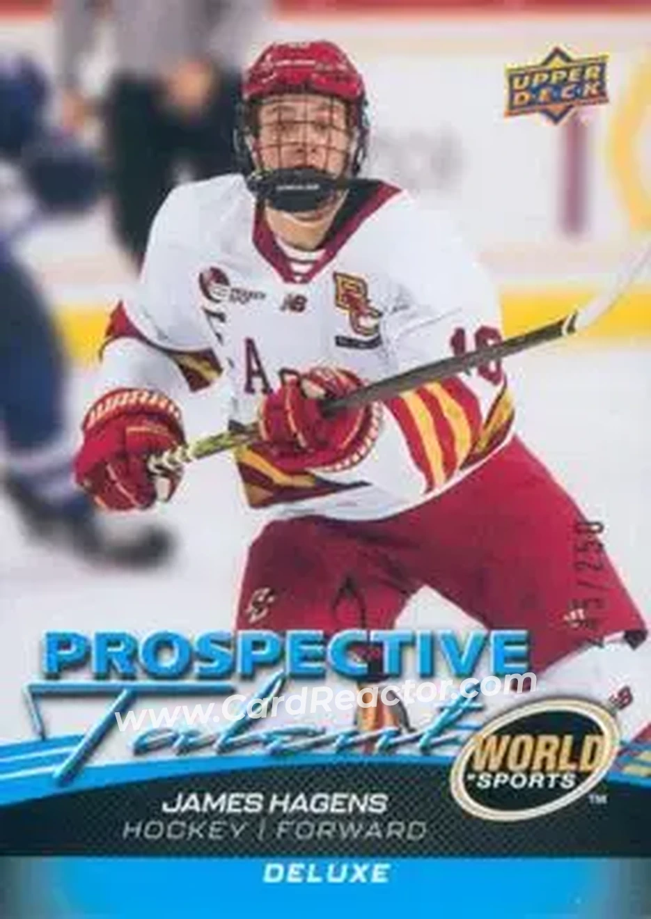 2026 Upper Deck World of Sports Volume II - Prospective Talent Deluxe #400 - James Hagens - Boston College Eagles - Front 2026 Upper Deck World of Sports Volume II - Prospective Talent Deluxe #400 - James Hagens - Boston College Eagles - Front