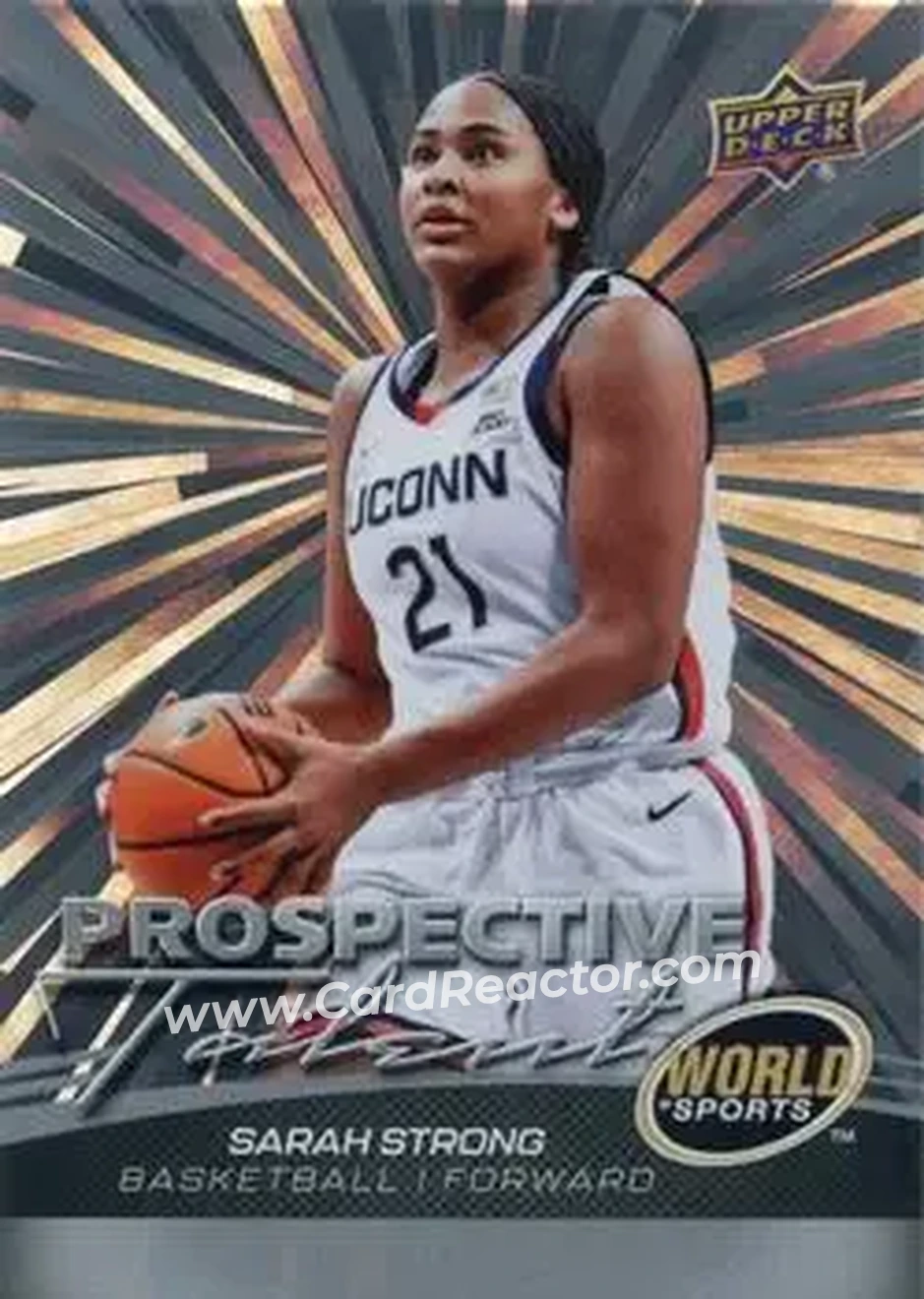 2026 Upper Deck World of Sports Volume II - Prospective Talent Outburst Foilboard #319 - Sarah Strong - Connecticut Huskies - Front 2026 Upper Deck World of Sports Volume II - Prospective Talent Outburst Foilboard #319 - Sarah Strong - Connecticut Huskies - Front