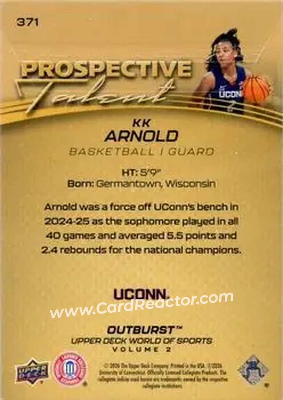 2026 Upper Deck World of Sports Volume II - Prospective Talent Outburst Foilboard #371 - KK Arnold - Connecticut Huskies - Back 2026 Upper Deck World of Sports Volume II - Prospective Talent Outburst Foilboard #371 - KK Arnold - Connecticut Huskies - Back