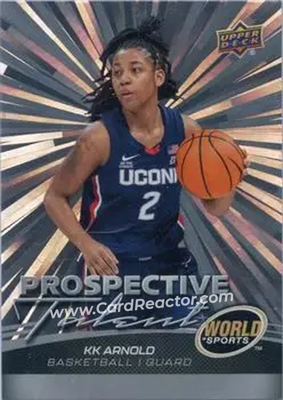 2026 Upper Deck World of Sports Volume II - Prospective Talent Outburst Foilboard #371 - KK Arnold - Connecticut Huskies - Front 2026 Upper Deck World of Sports Volume II - Prospective Talent Outburst Foilboard #371 - KK Arnold - Connecticut Huskies - Front