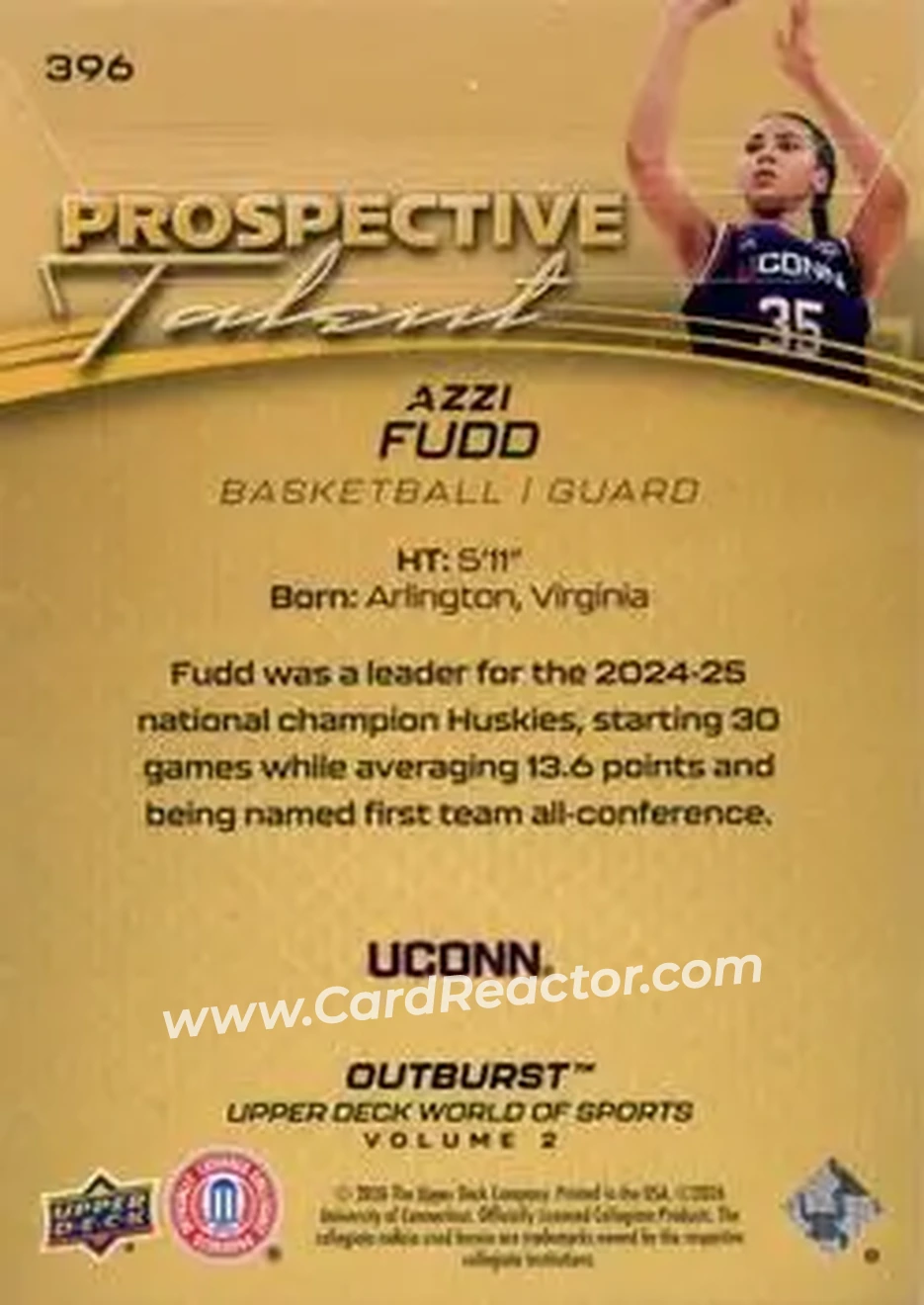2026 Upper Deck World of Sports Volume II - Prospective Talent Outburst Foilboard #396 - Azzi Fudd - Connecticut Huskies - Back 2026 Upper Deck World of Sports Volume II - Prospective Talent Outburst Foilboard #396 - Azzi Fudd - Connecticut Huskies - Back