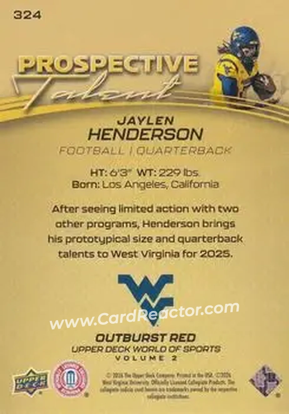 2026 Upper Deck World of Sports Volume II - Prospective Talent Outburst Red Foilboard #324 - Jaylen Henderson - West Virginia Mountaineers - Back 2026 Upper Deck World of Sports Volume II - Prospective Talent Outburst Red Foilboard #324 - Jaylen Henderson - West Virginia Mountaineers - Back