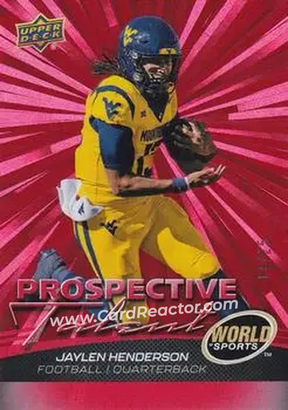 2026 Upper Deck World of Sports Volume II - Prospective Talent Outburst Red Foilboard #324 - Jaylen Henderson - West Virginia Mountaineers - Front 2026 Upper Deck World of Sports Volume II - Prospective Talent Outburst Red Foilboard #324 - Jaylen Henderson - West Virginia Mountaineers - Front