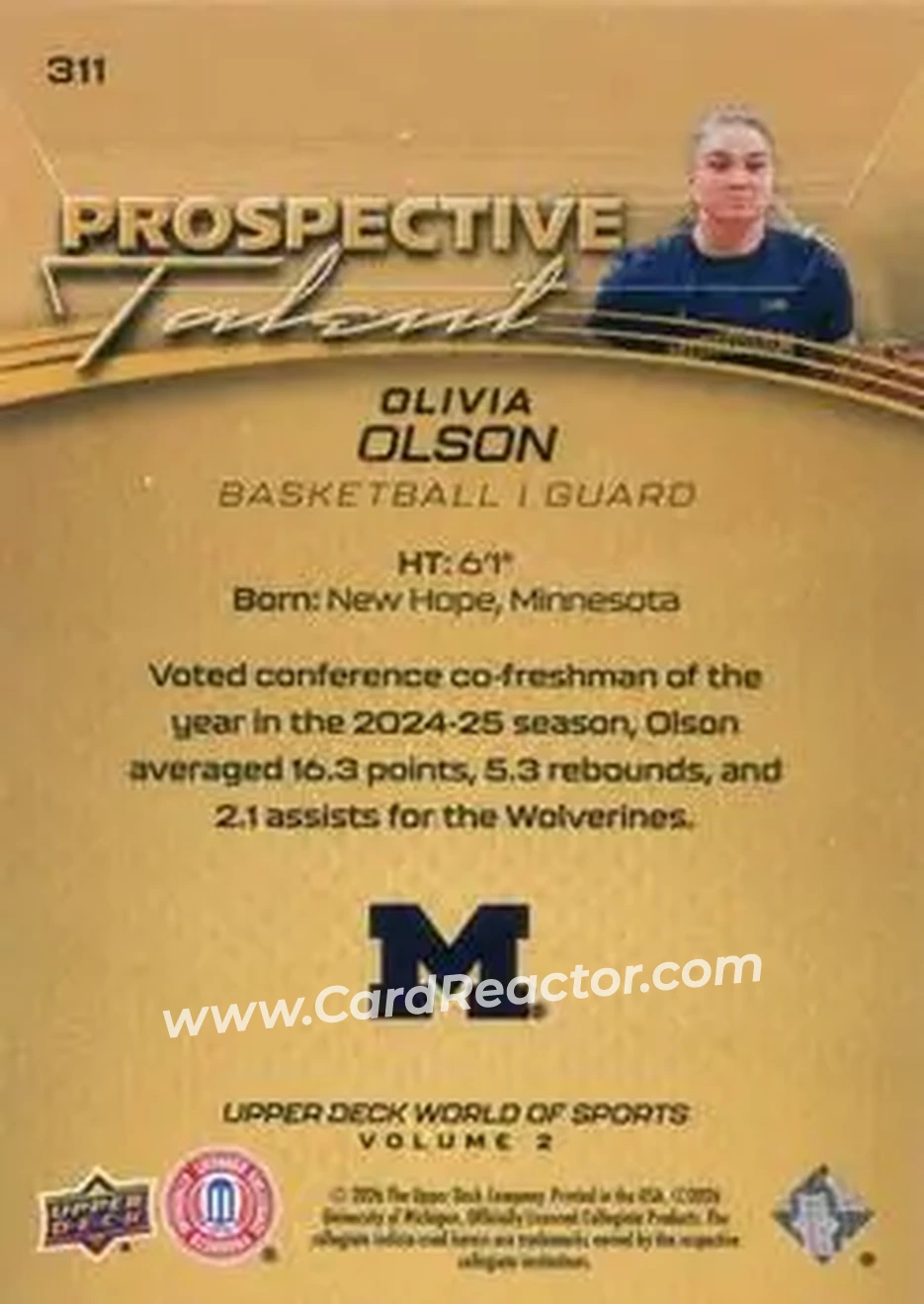 2026 Upper Deck World of Sports Volume II - Prospective Talent UD Exclusives #311 - Olivia Olson - Michigan Wolverines - Back 2026 Upper Deck World of Sports Volume II - Prospective Talent UD Exclusives #311 - Olivia Olson - Michigan Wolverines - Back