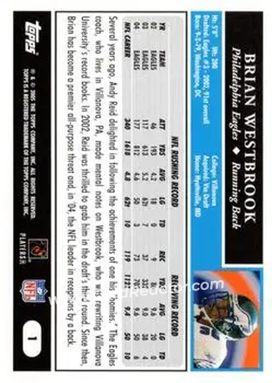 2005 Topps #1 - Brian Westbrook - Philadelphia Eagles - Back