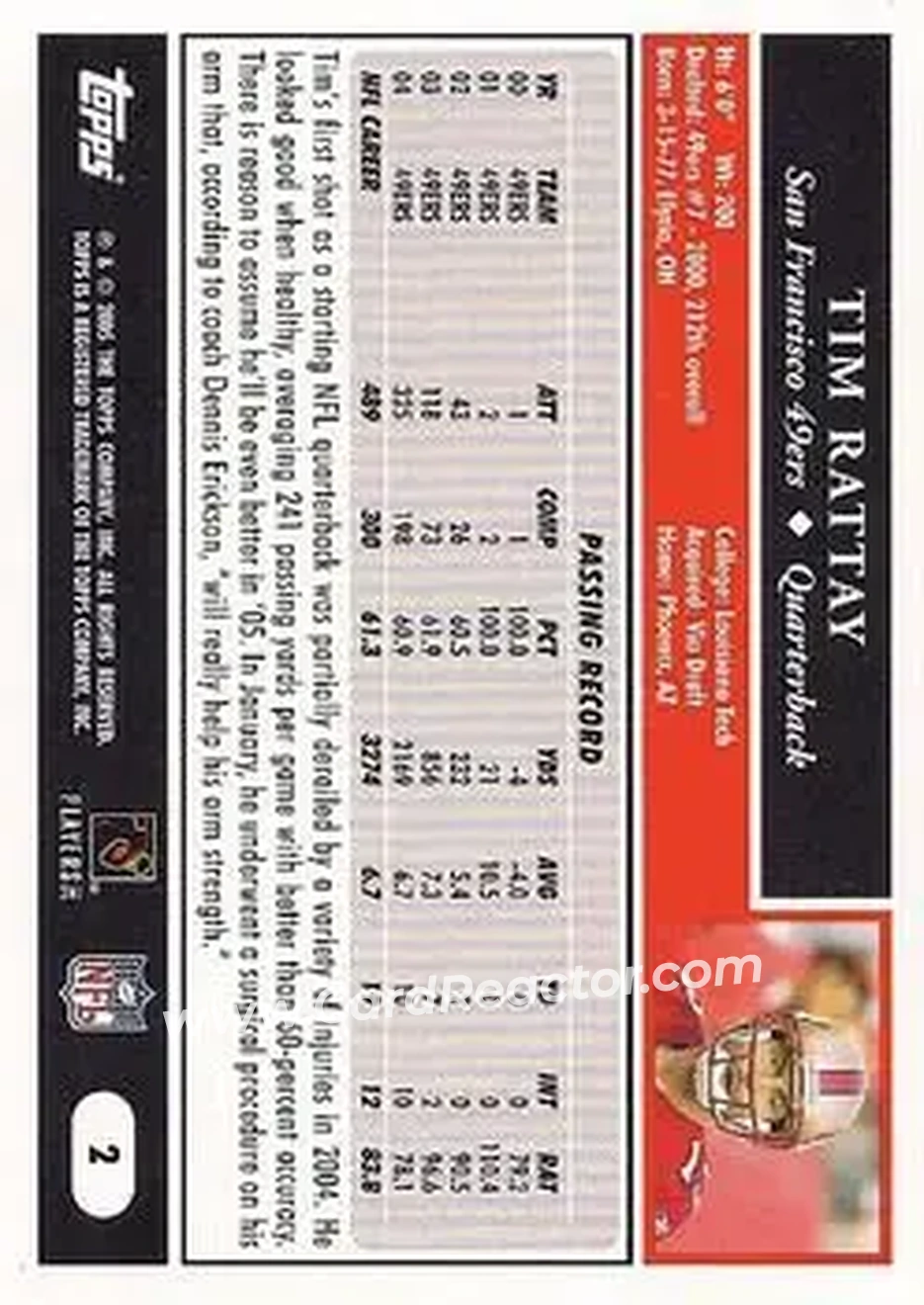 2005 Topps #2 - Tim Rattay - San Francisco 49ers - Back