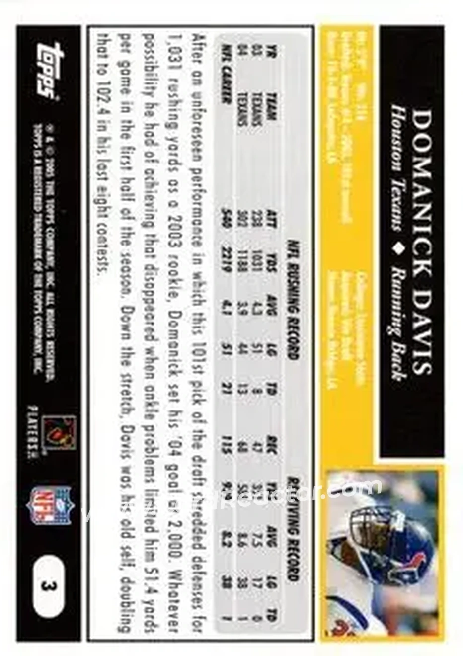 2005 Topps #3 - Domanick Davis - Houston Texans - Back 2005 Topps #3 - Domanick Davis - Houston Texans - Back