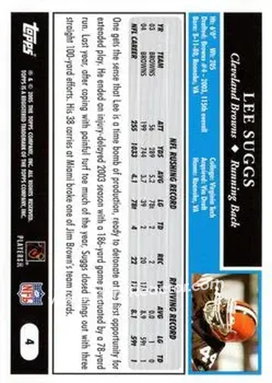 2005 Topps #4 - Lee Suggs - Cleveland Browns - Back 2005 Topps #4 - Lee Suggs - Cleveland Browns - Back
