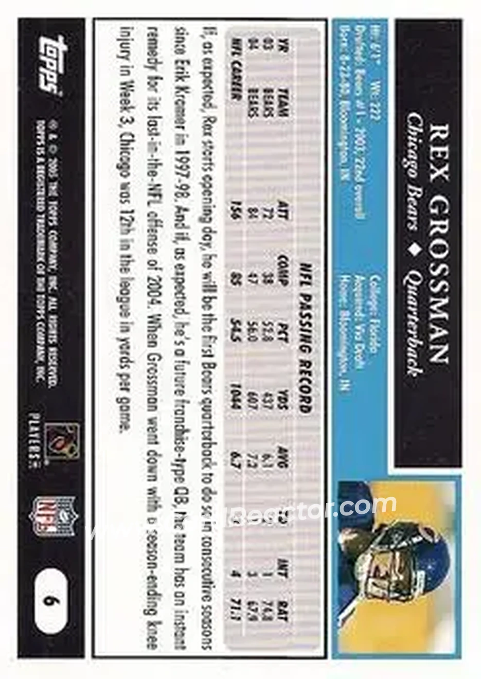 2005 Topps #6 - Rex Grossman - Chicago Bears - Back