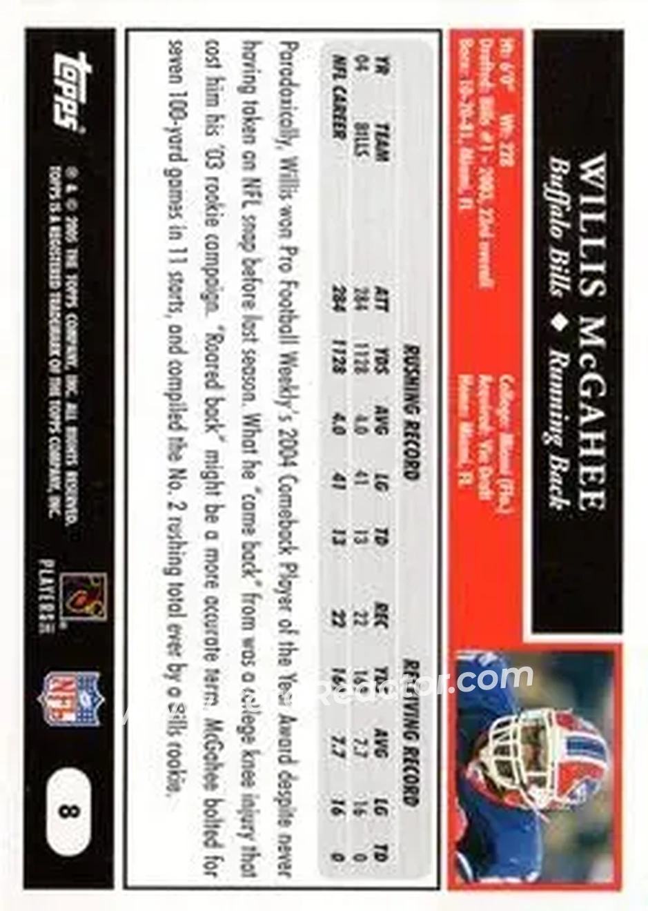 2005 Topps #8 - Willis McGahee - Buffalo Bills - Back 2005 Topps #8 - Willis McGahee - Buffalo Bills - Back